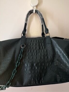 Croc-Embossed Black Tote with Chain-Detail Strap